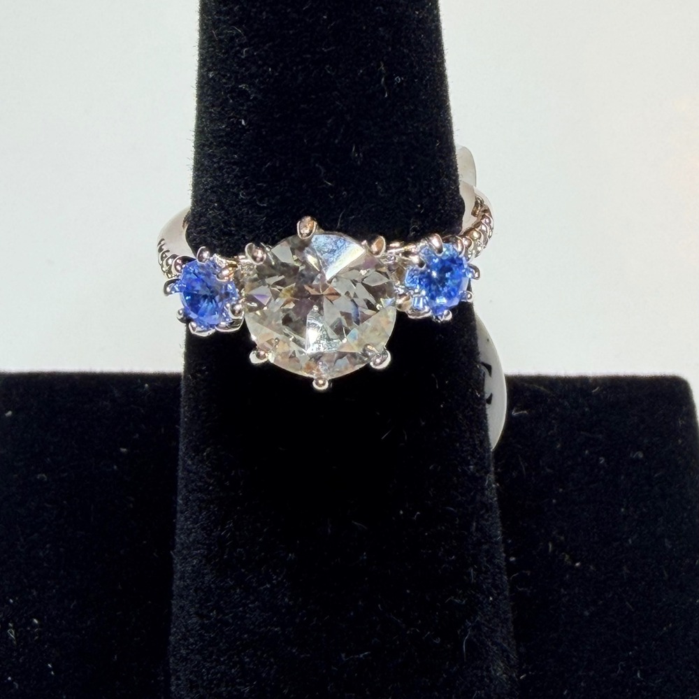 Fragrant Jewels Three Stone Round Clear Blue Accent Silver Tone Ring Size 7